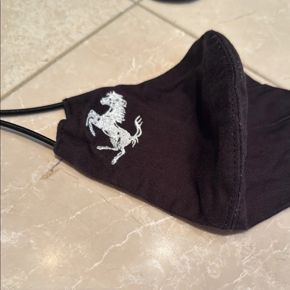 Black Ferrari Face Masks with Embroidered Logos in red and white